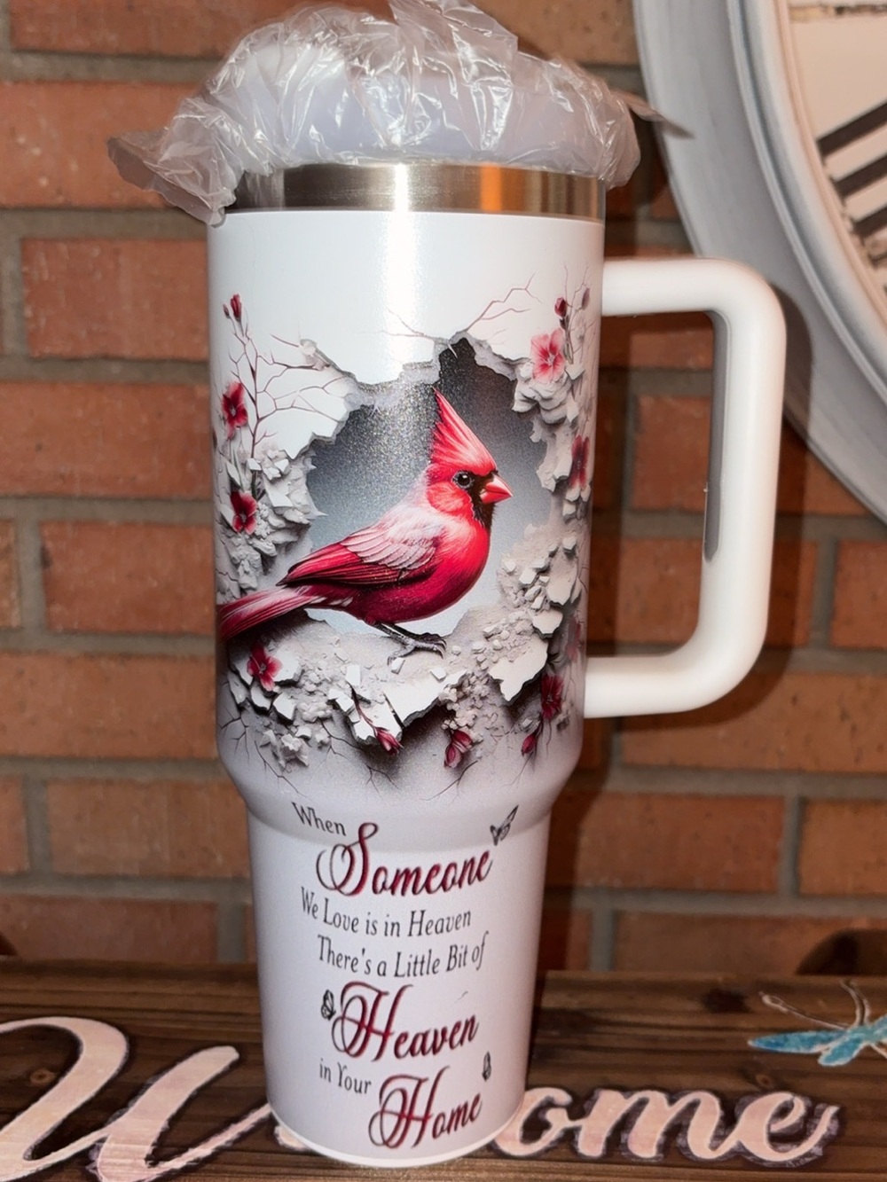 White Travel Mug with Red Cardinal Memorial Design